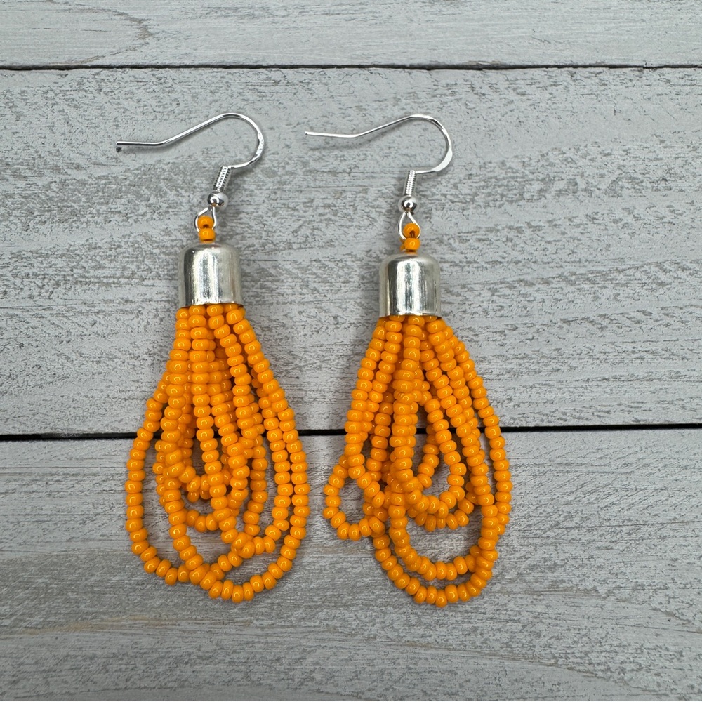 Orange Drop Dangle Tassel Earrings Handmade Orange Seed Bead Jewelry